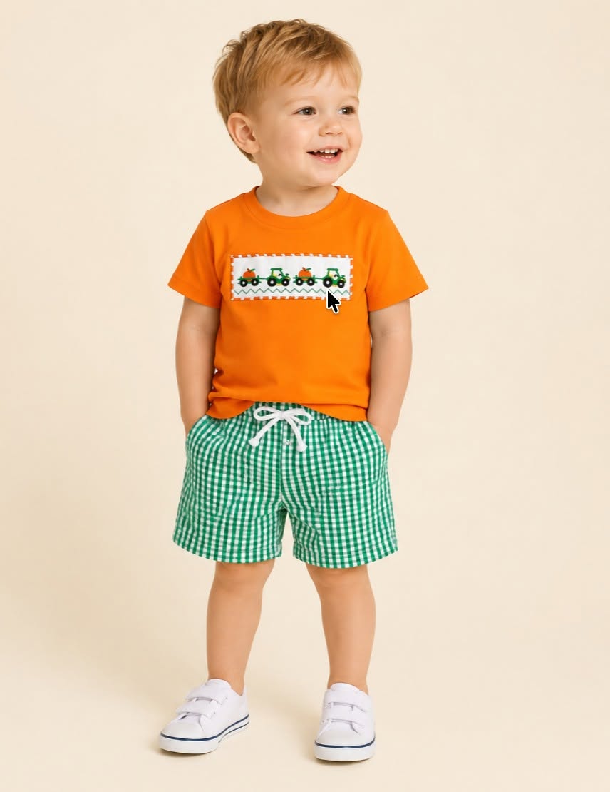 Orange Applique Tractor Fall Gingham Short Set