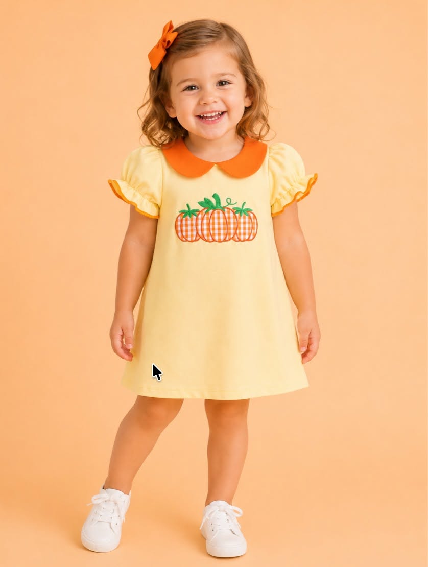 Yellow Embroidered Pumpkin Orange Collared Dress