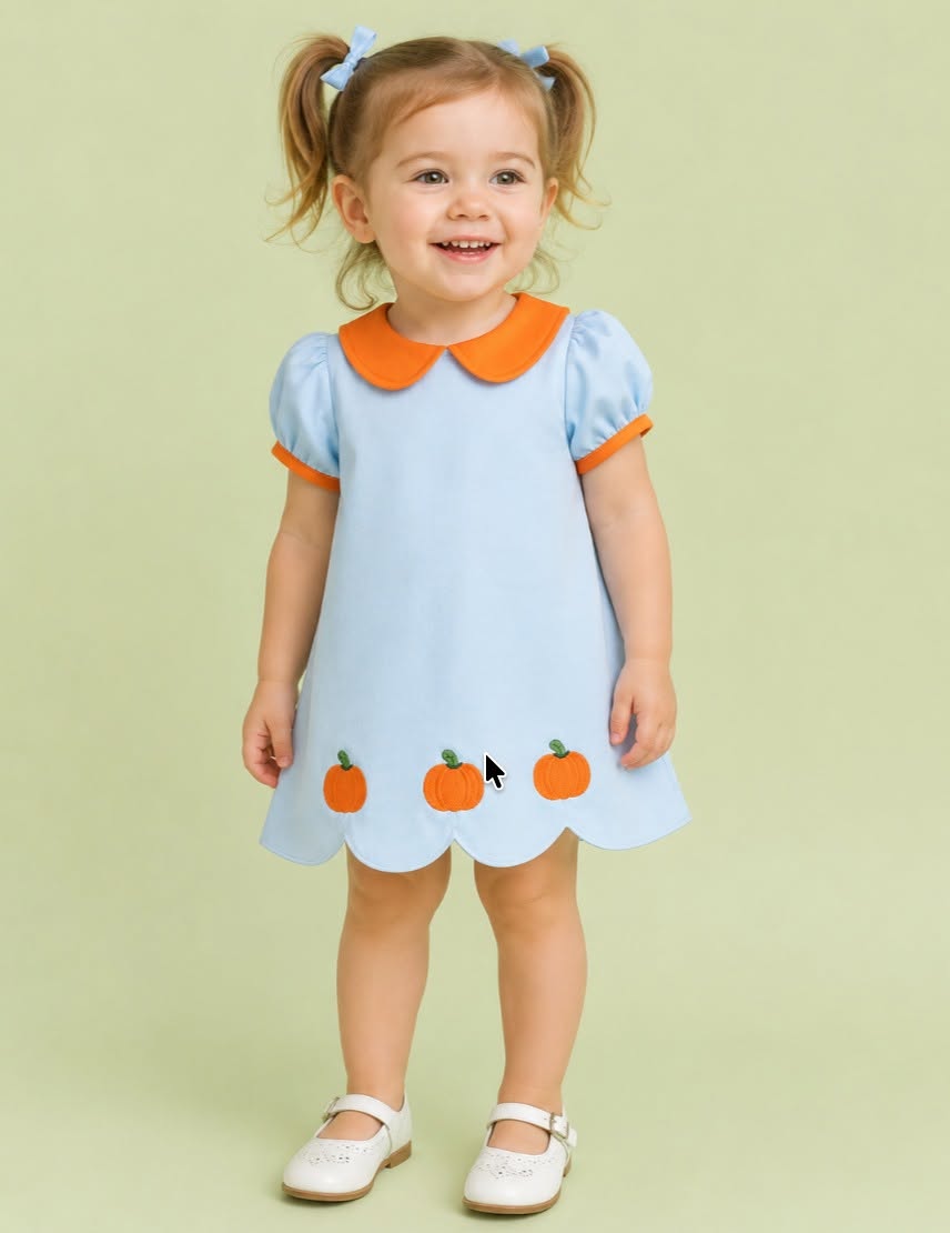 Blue Orange Collared Embroidered Pumpkin Dress