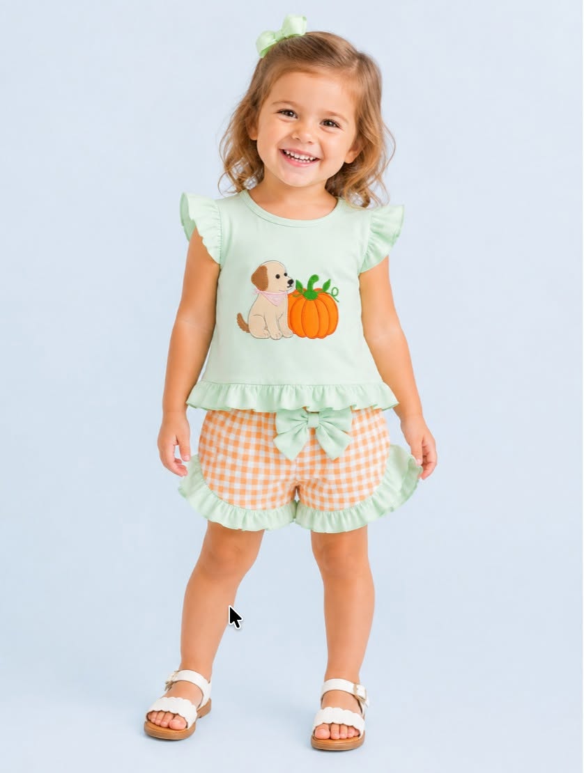 Soft Green Embroidered Puppy Pumpkin Gingham Short Set