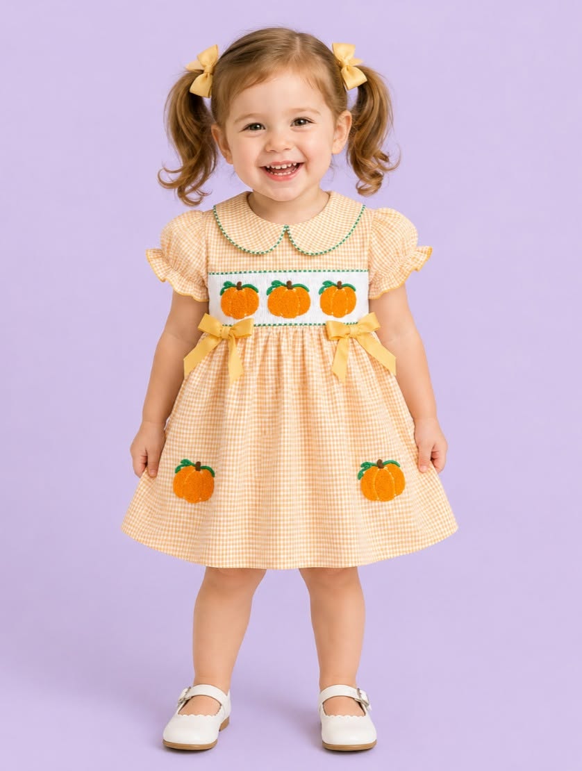 Orange Gingham Yellow Bow French Knot Pumpkin Dress