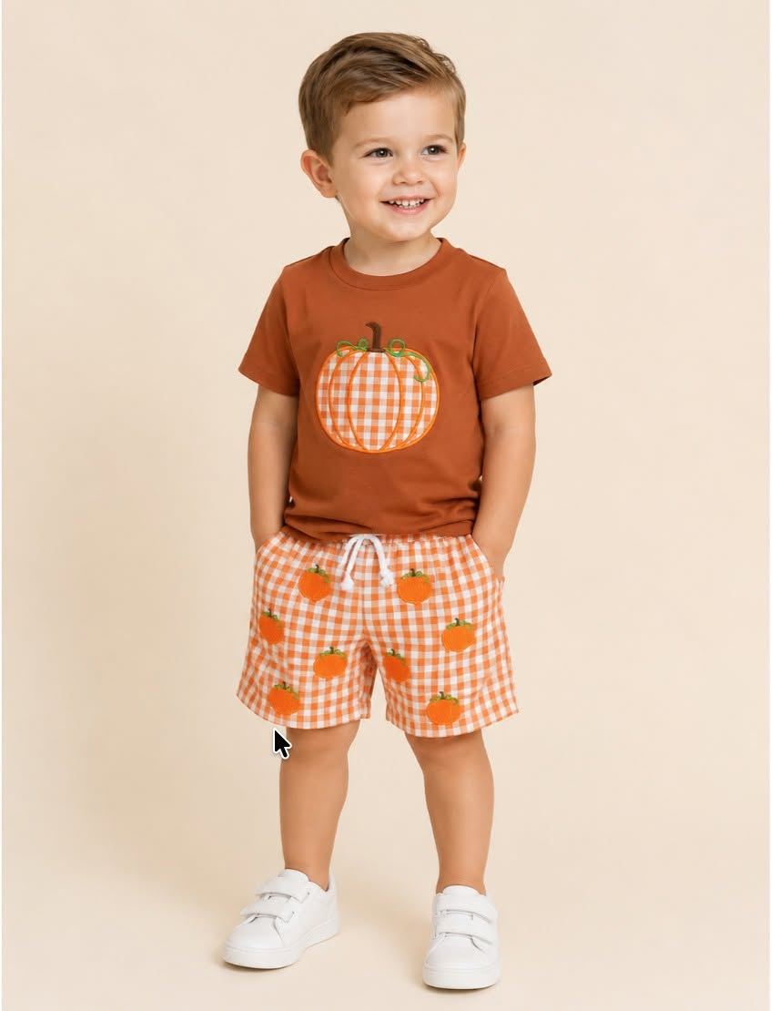 Brown Embroidered Pumpkin Orange Gingham Short Set