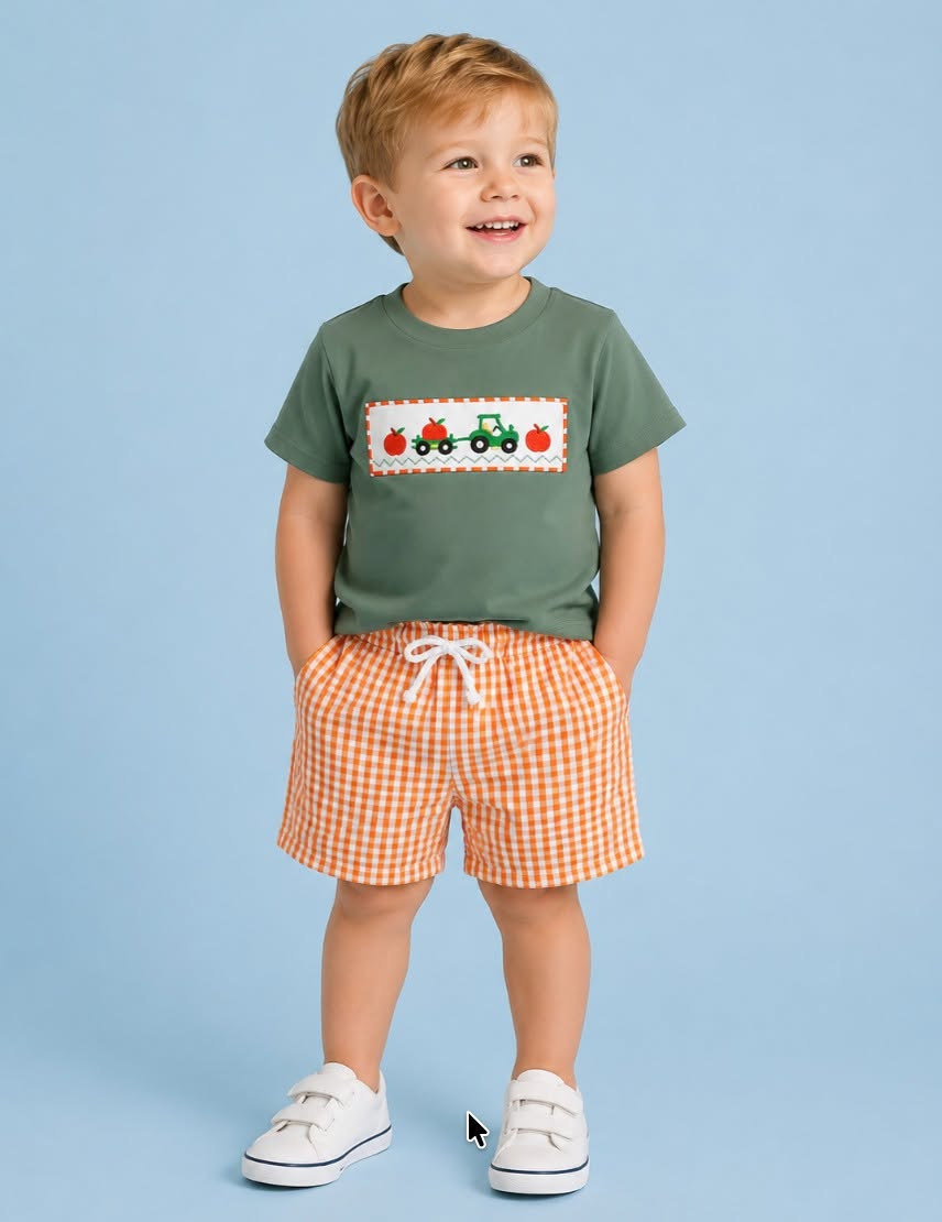 Dark Green Pumpkin Tractor Applique Gingham Short Set