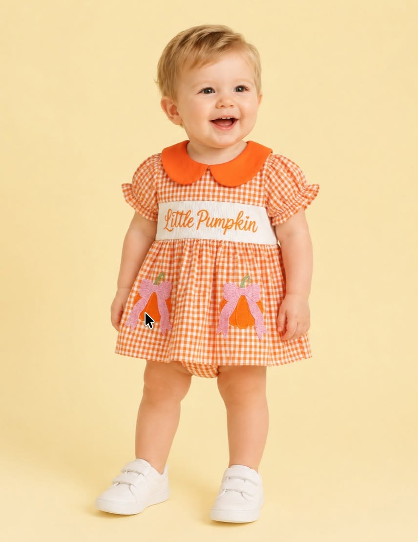 Smocked Little Pumpkin Bow Embroidered Skirted Romper