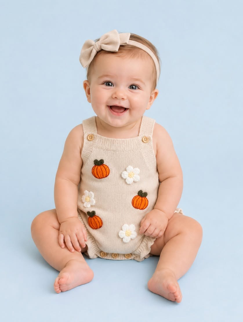 French Knot Pumpkin Beige Knit Sweater Tank Romper