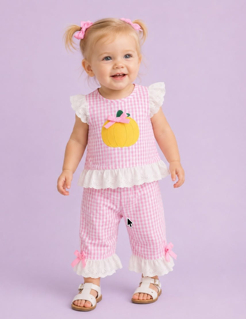 Pink Seersucker Gingham Embroidered Pumpkin Set