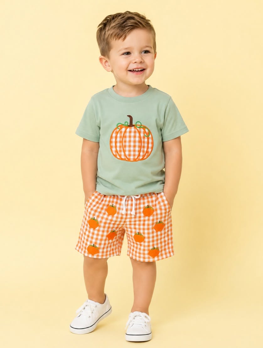 Green Embroidered Pumpkin Orange Gingham Short Set