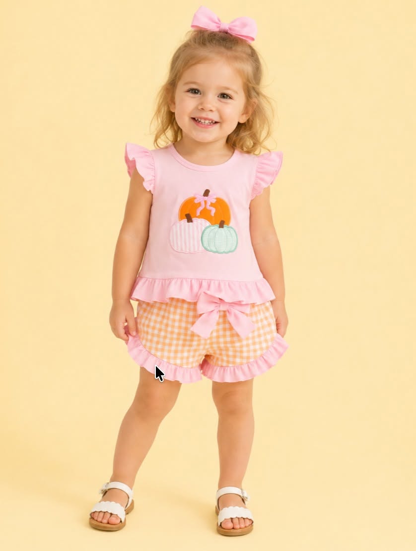 Embroidered Pink Three Pumpkins Gingham Bow Short Set