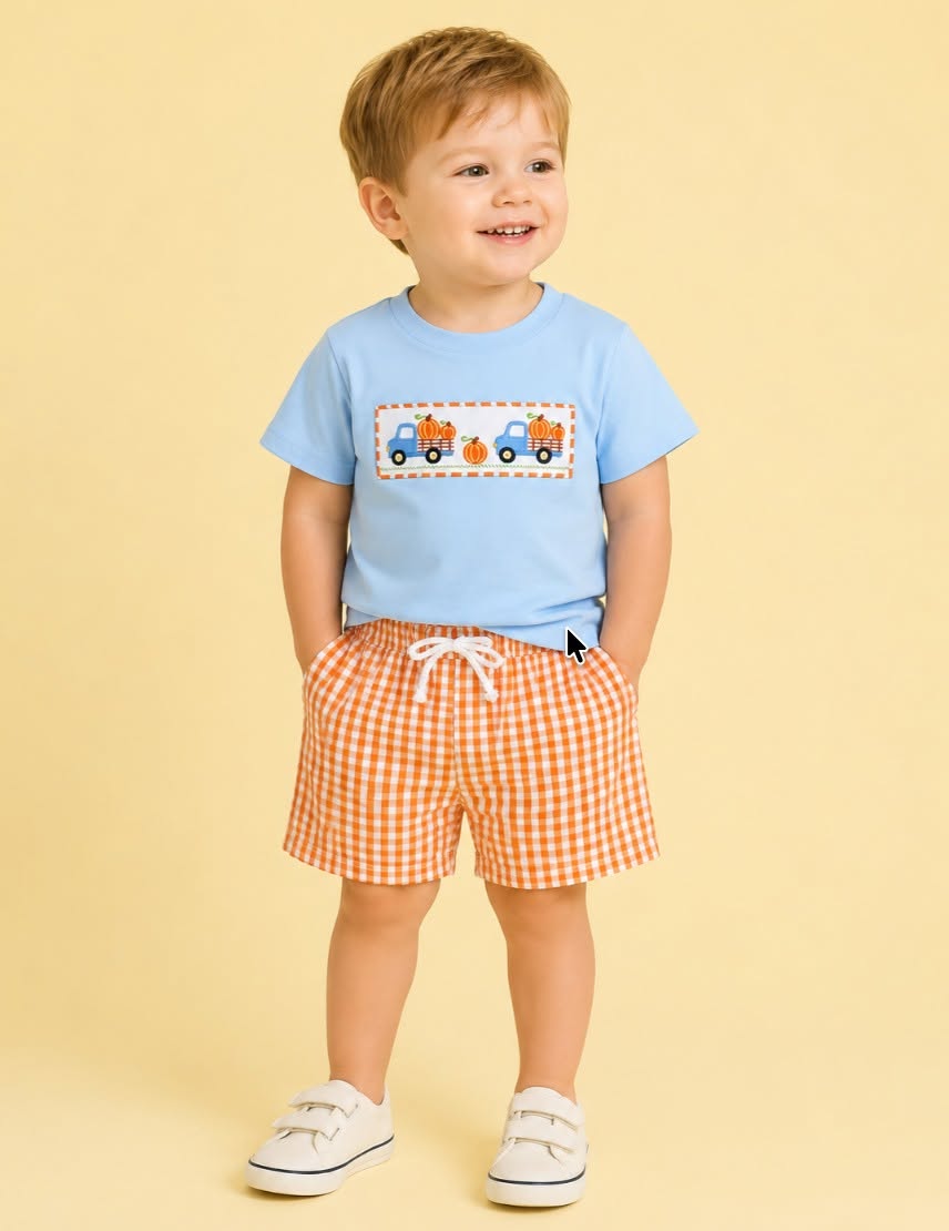 Blue Pumpkin Patch Pickups Applique Gingham Short Set