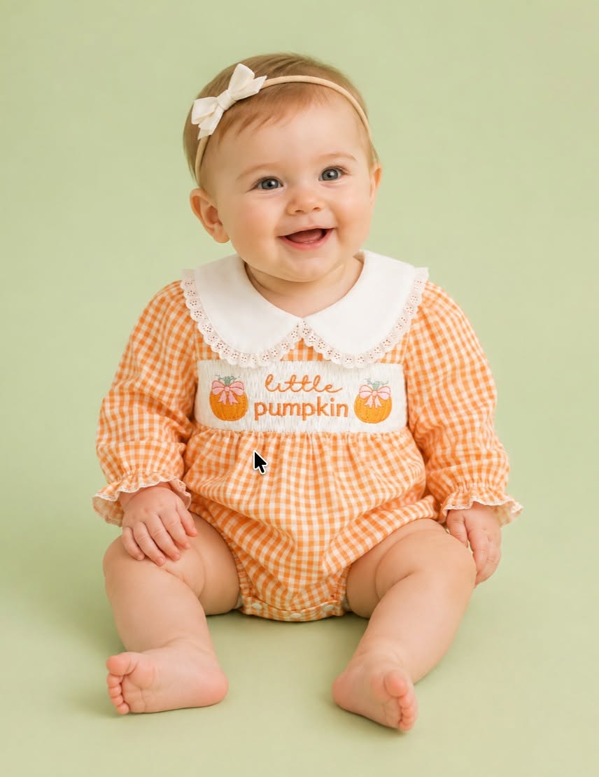Long Bubble Sleeve Collared Little Pumpkin Orange Romper