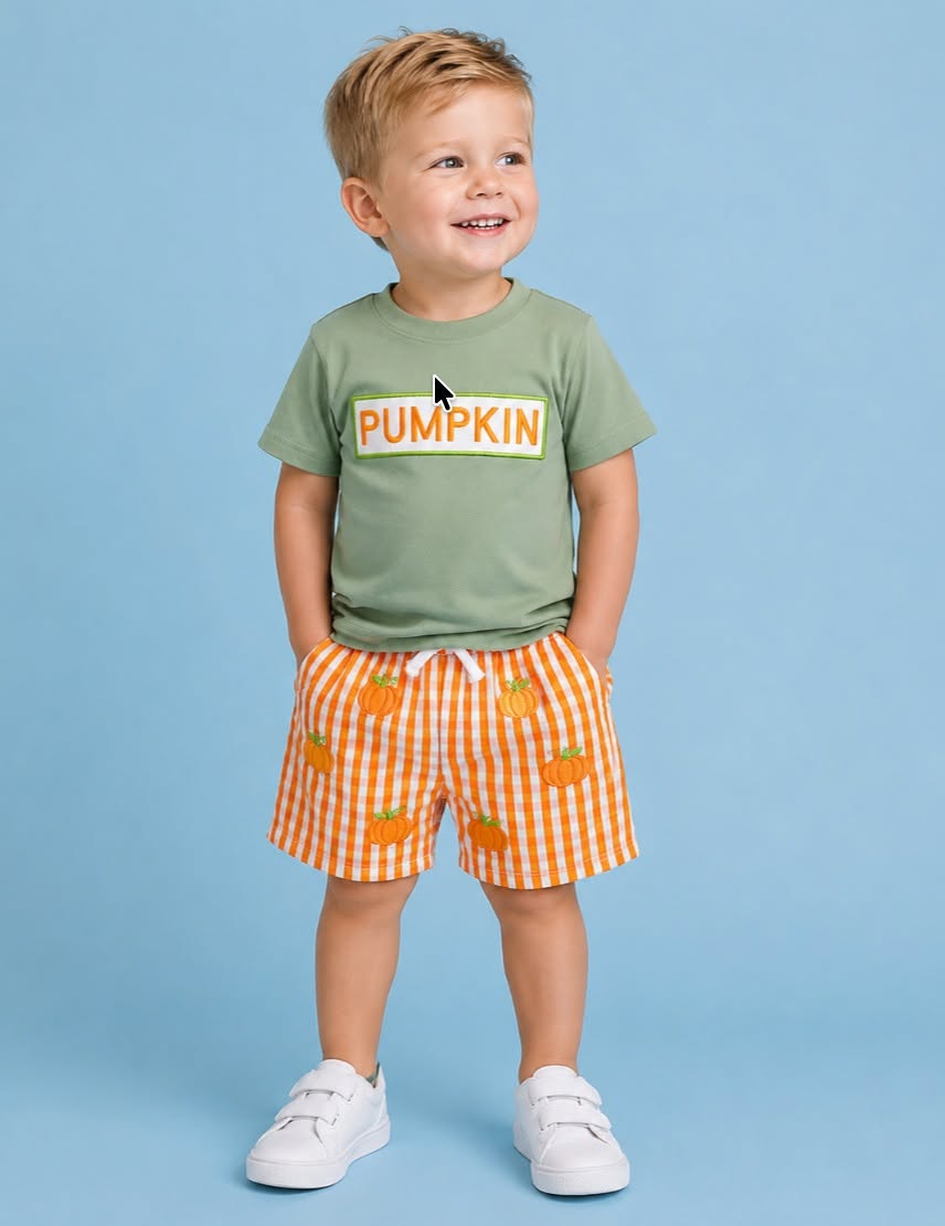 Green Applique Pumpkin Embroidered Gingham Short Set