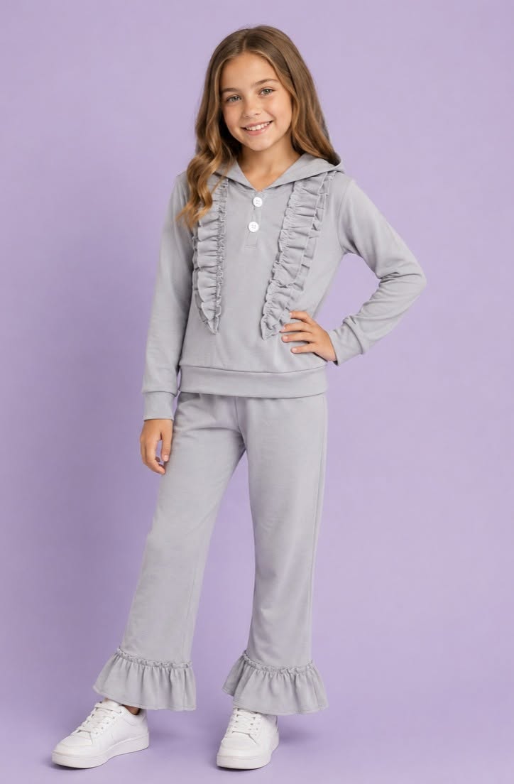 Solid Grey Ruffle Hooded Pant Set