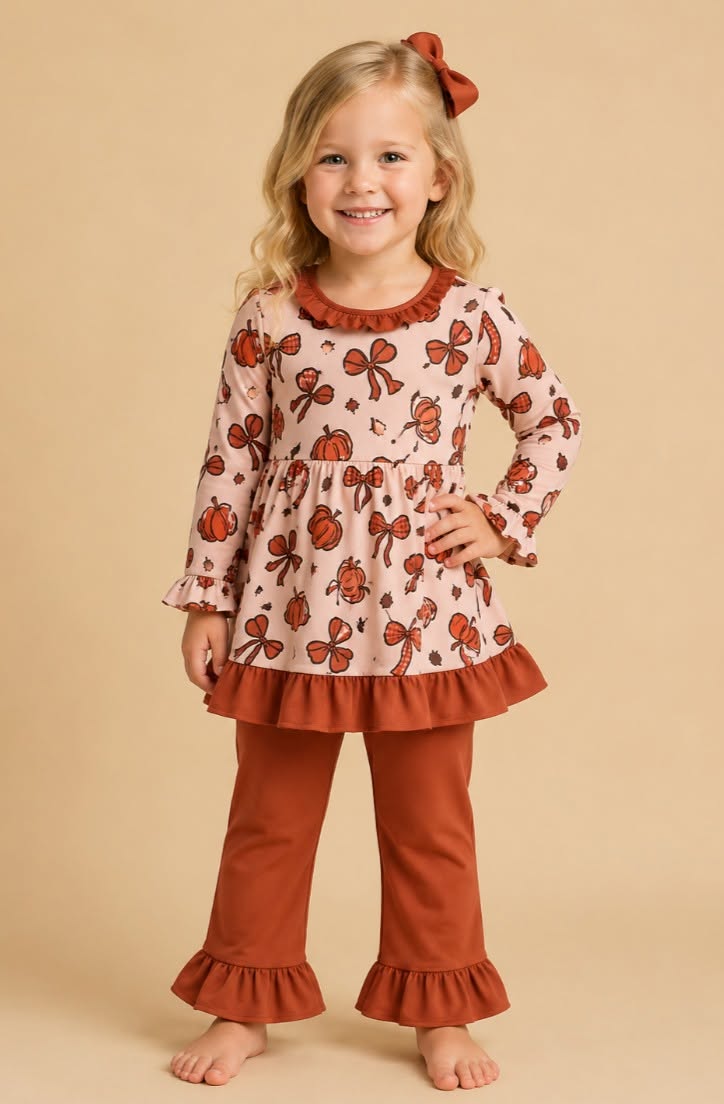 Rust Pumpkin Bow Flowy Top Pant Set