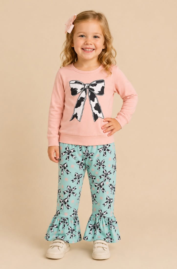 Pink Cowprint Bow Teal Bow Pant Set