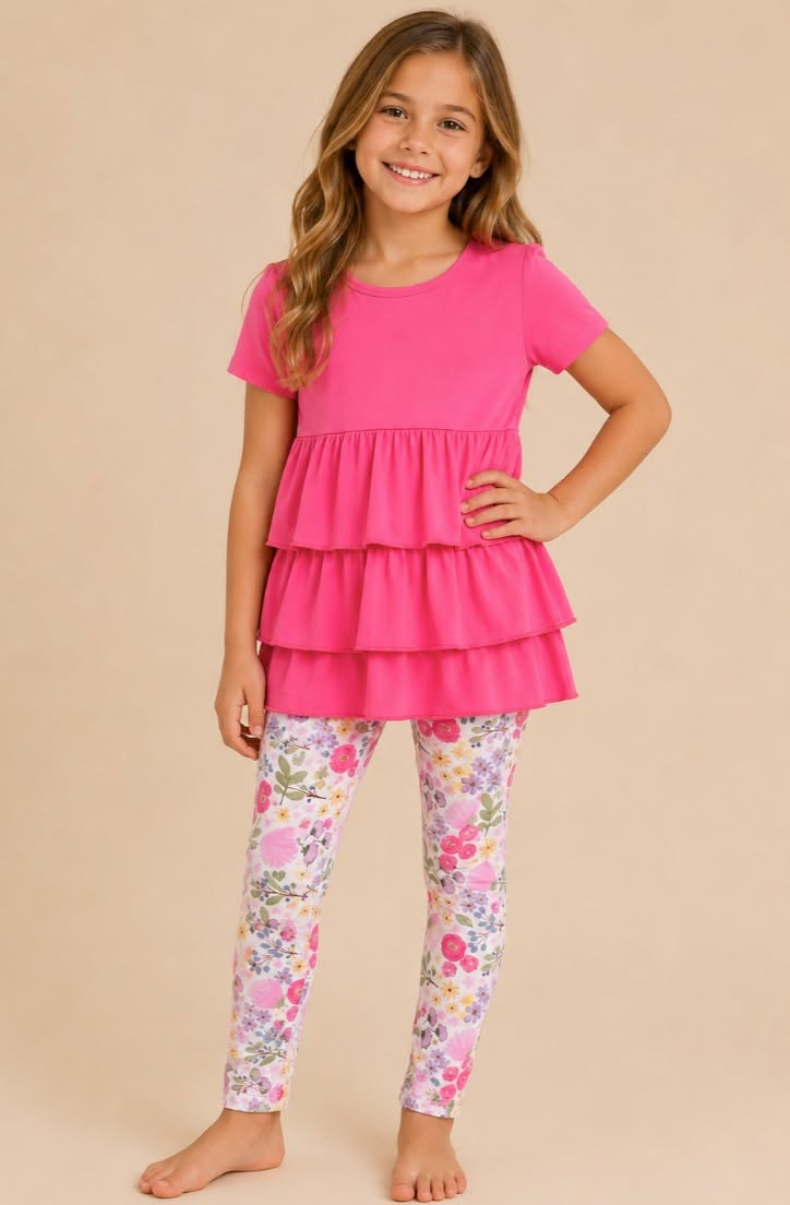 Hot Pink Ruffle Layer Floral Leggings Set