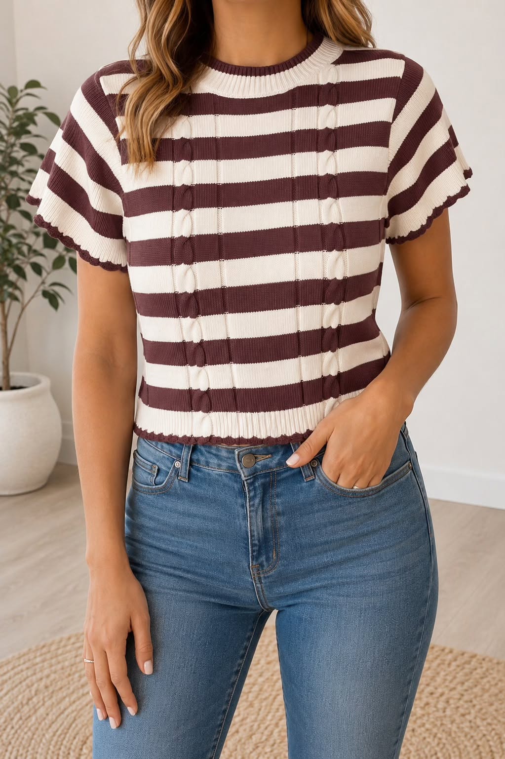 Brown Stripe Ribbed Knit Sweater