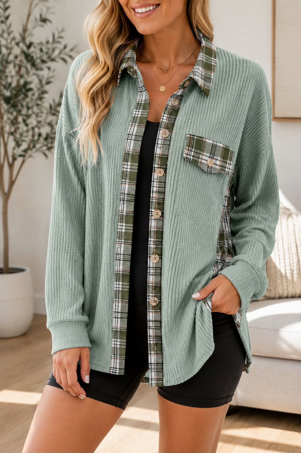 Green Plaid Patchwork Shacket