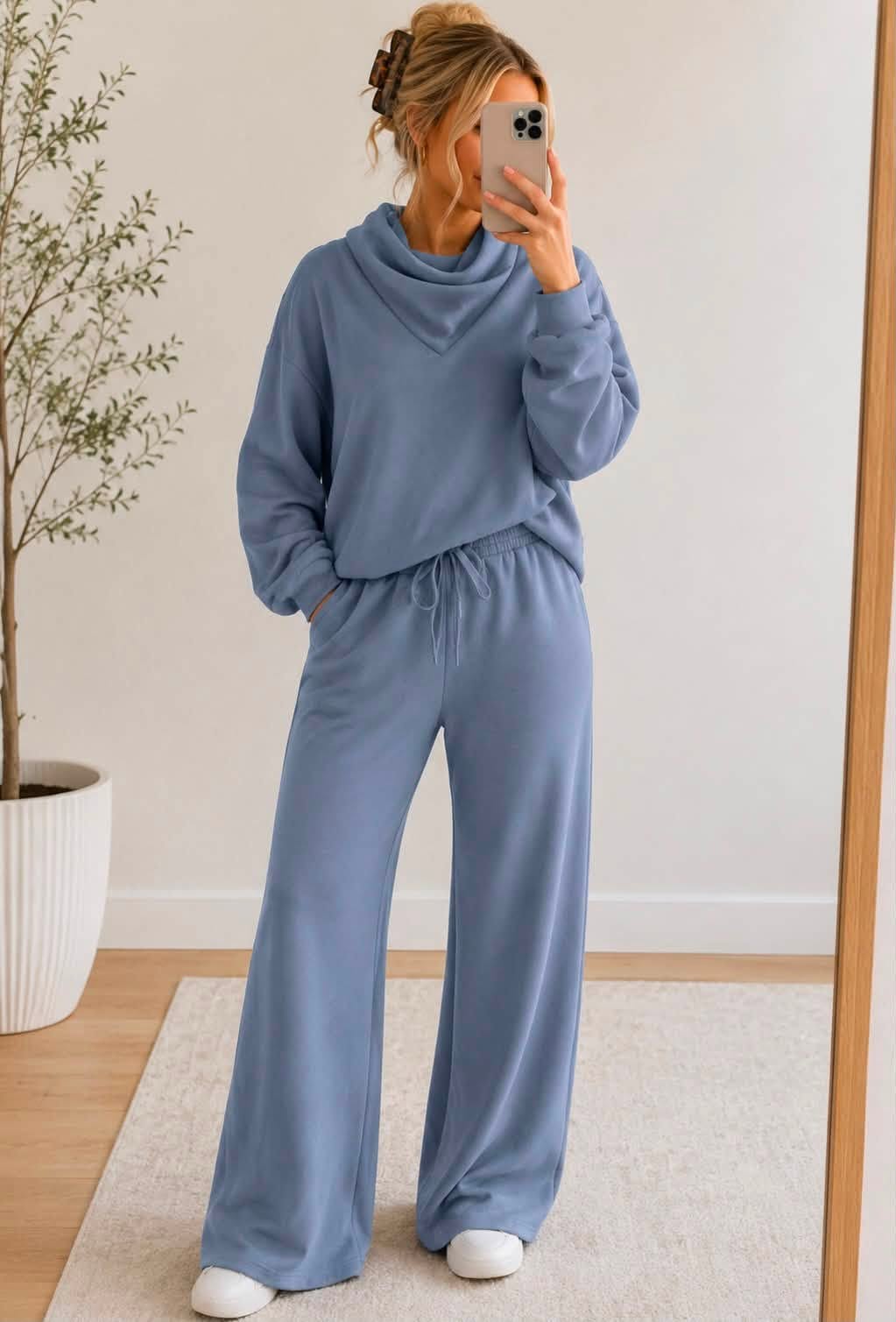S-2XL Blue Cowl Neck Set