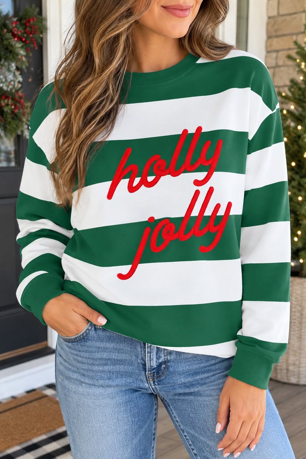 Green Striped Holly Jolly Embroidered Sweatshirt
