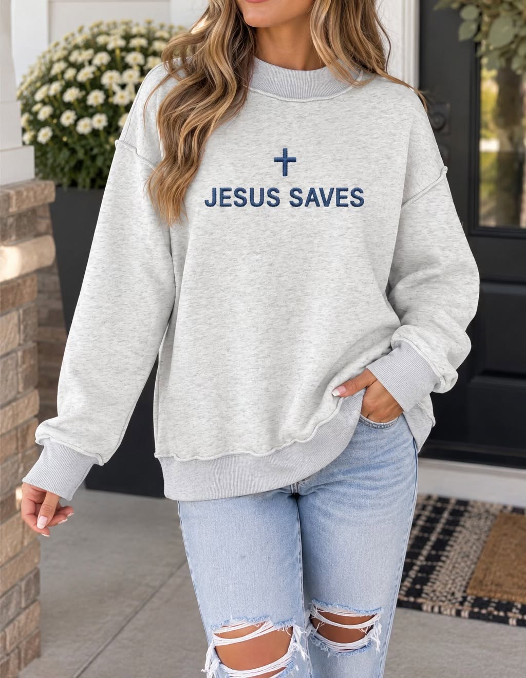 S-2XL Grey JESUS SAVES Embroidered Sweatshirt
