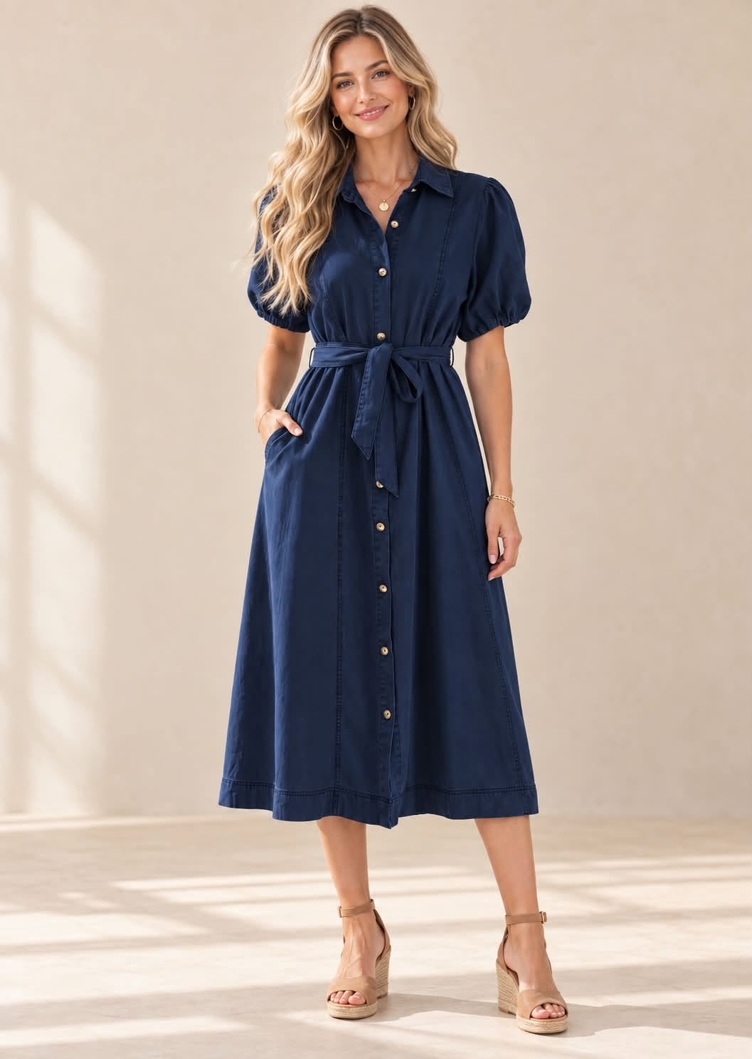 Bubble Sleeve Long Denim Dress