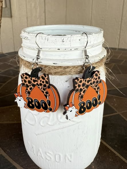 Wood Halloween Boo Pumpkin Earrings