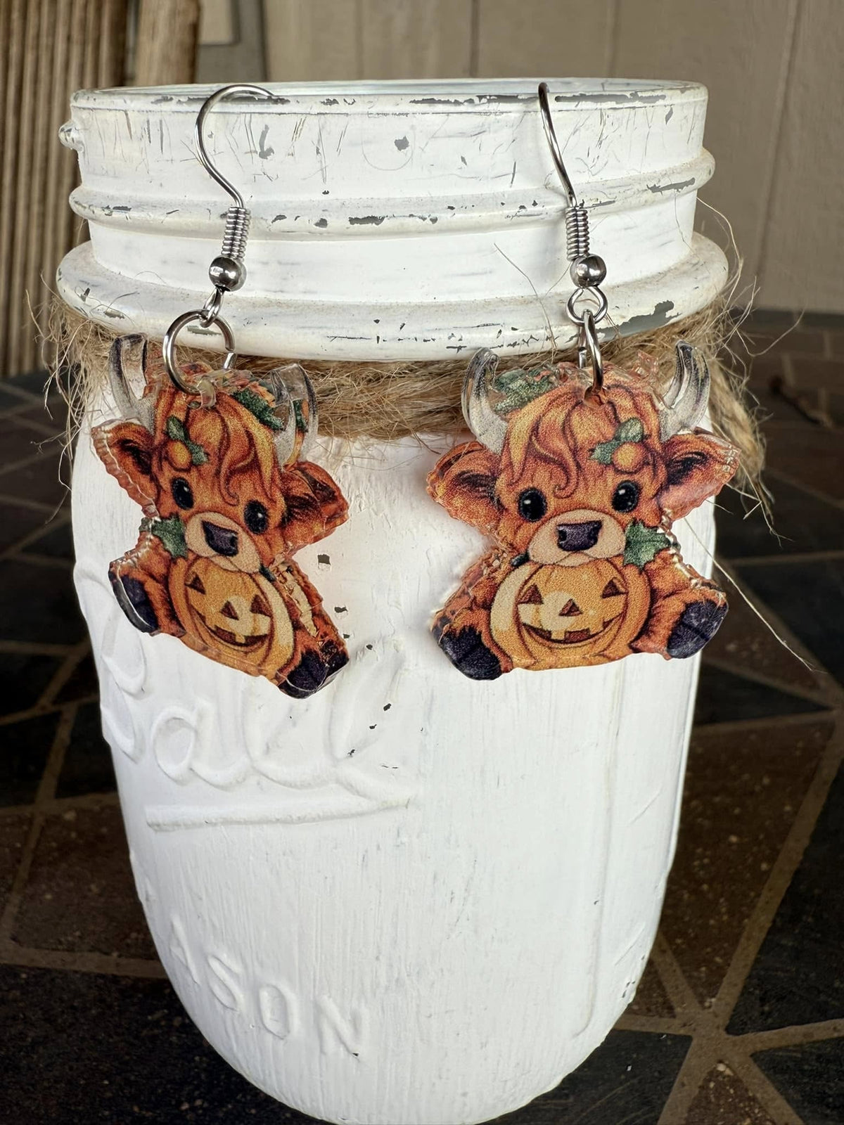 Acrylic Cow with Pumpkin Earrings