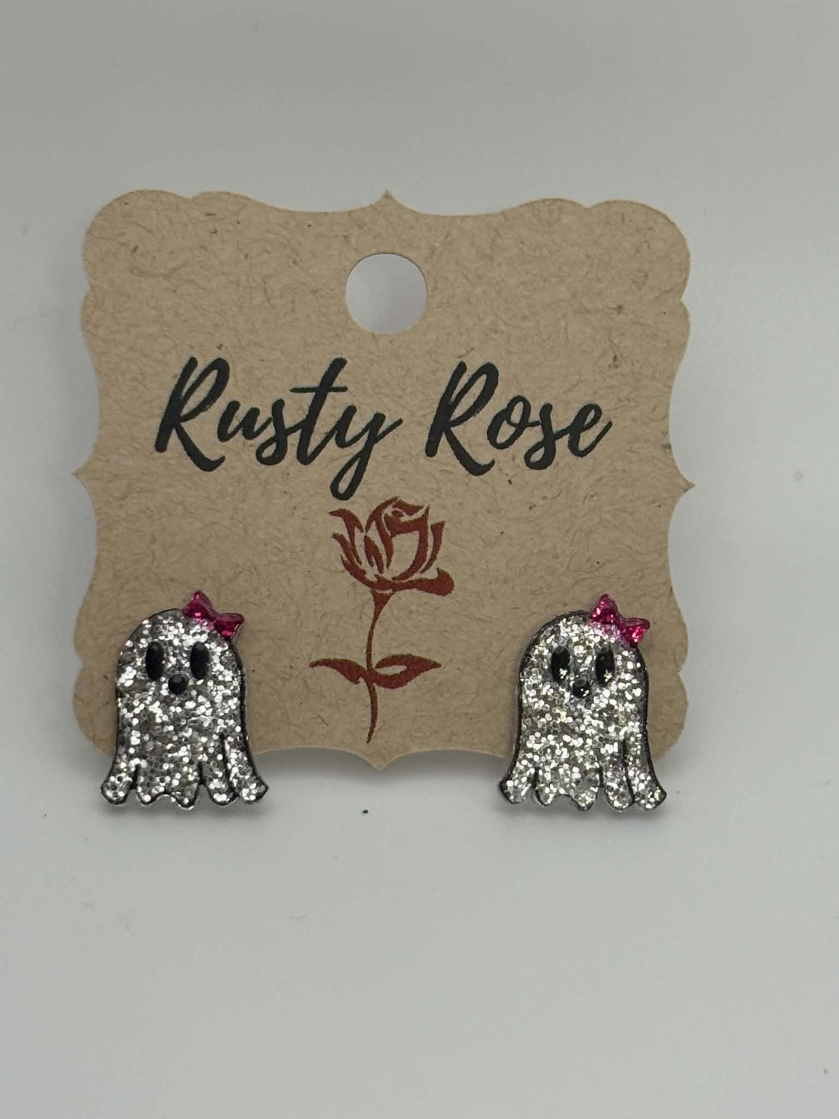 Acrylic Glitter Study Ghost with Pink Bow Earrings