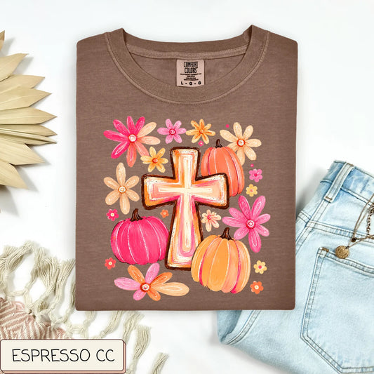 Flowers Pumpkins Cross Tee