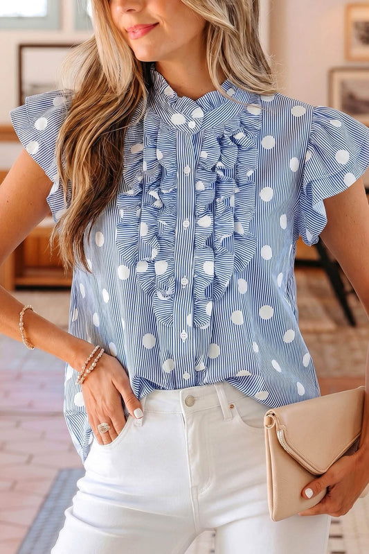 Blue Polka Dot Pleated Shirt