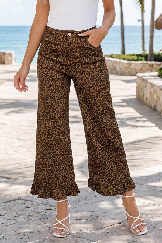 Brown Leopard Ruffled Jeans