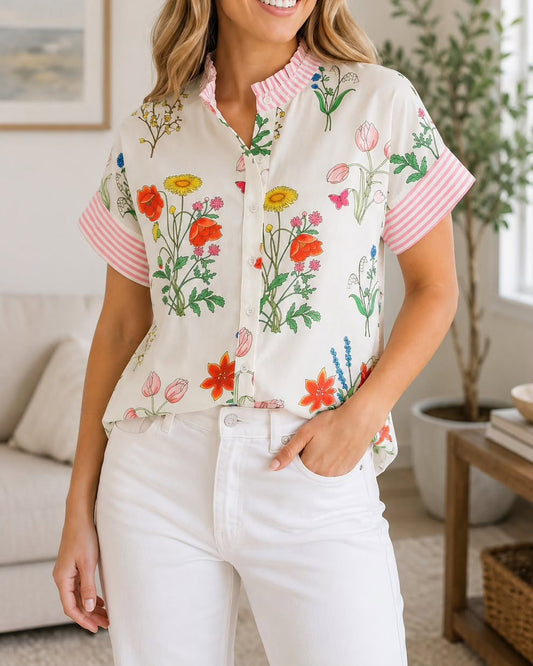 Beige Floral Ruffled Shirt