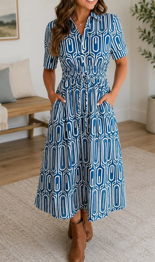 Blue Geometric Drawstring Dress