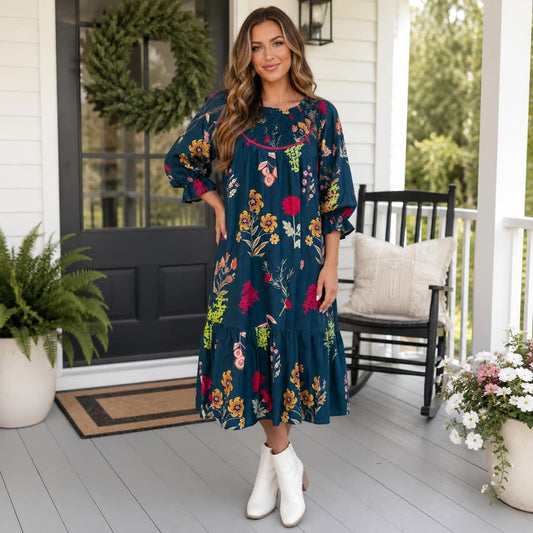 Blue Floral Midi Dress