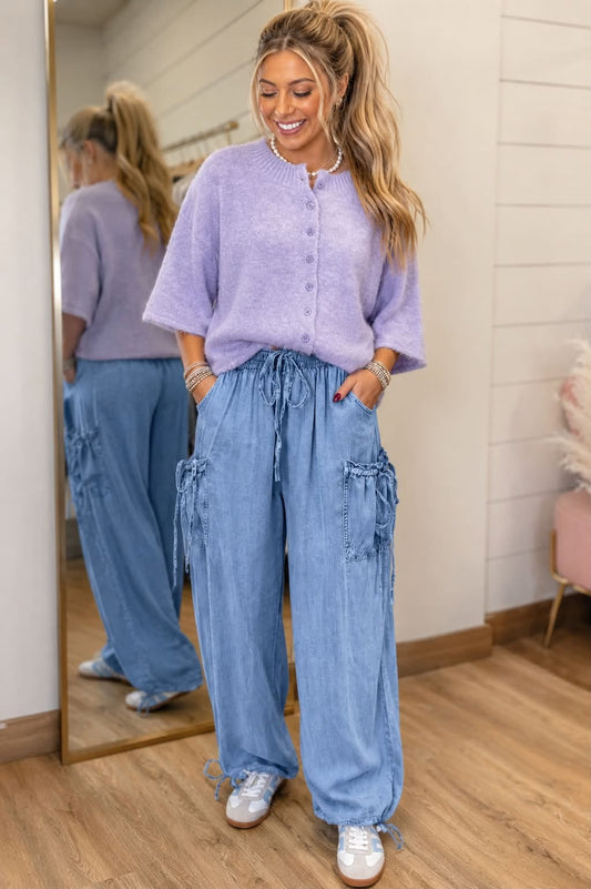 Blue Drawstring Elastic Pants Outfit