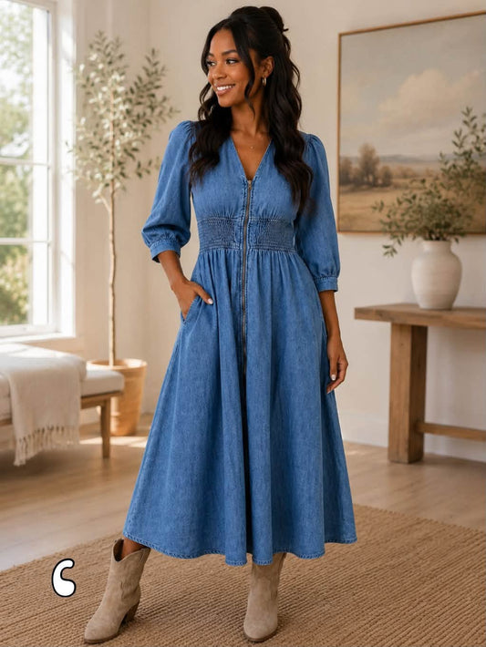 Blue Zipper Denim Dress