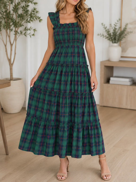 Green Plaid Ruffle Dress