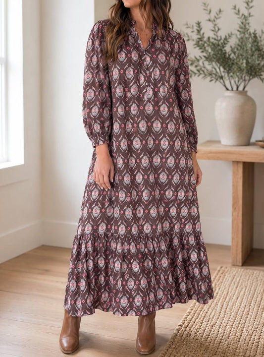 Brown Floral Ruffle Dress