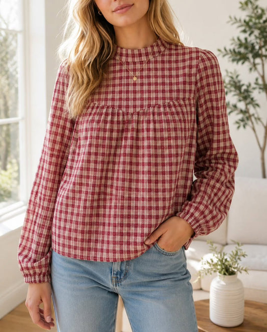 Plaid Keyhole Pleated Blouse