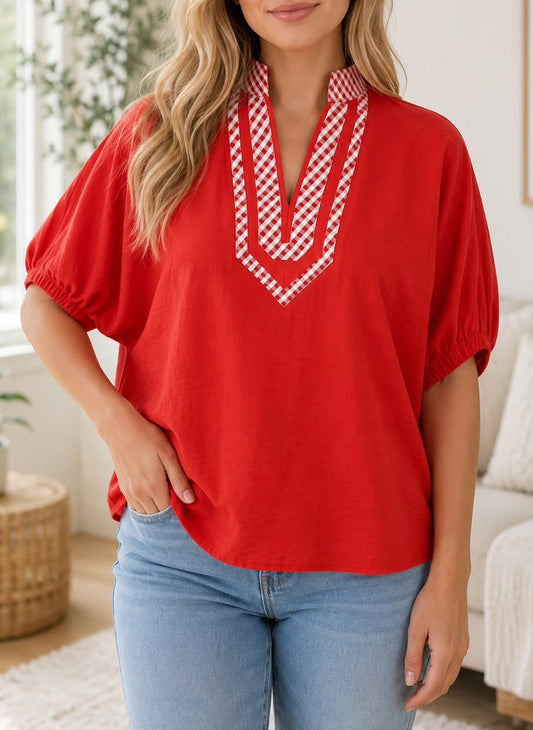 Red V Neck Blouse