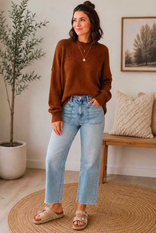 Chestnut Ribbed Knit Sweater Outfit