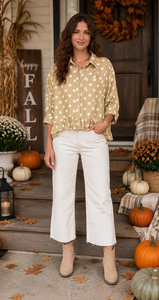 Khaki Polka Dot Ruffle Shirt Outfit