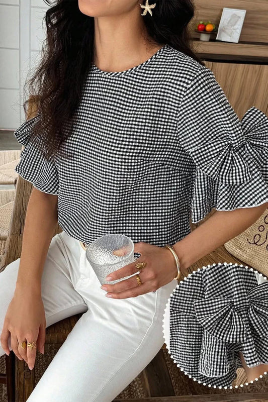 S-4X Black Plaid Bow Ruffled Blouse