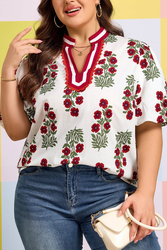 S-4X White Floral Contrast Blouse