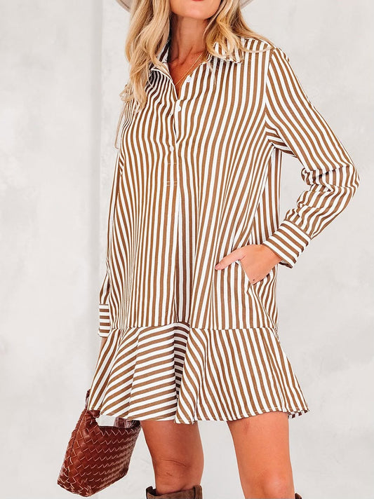 Brown Stripe Ruffle Dress