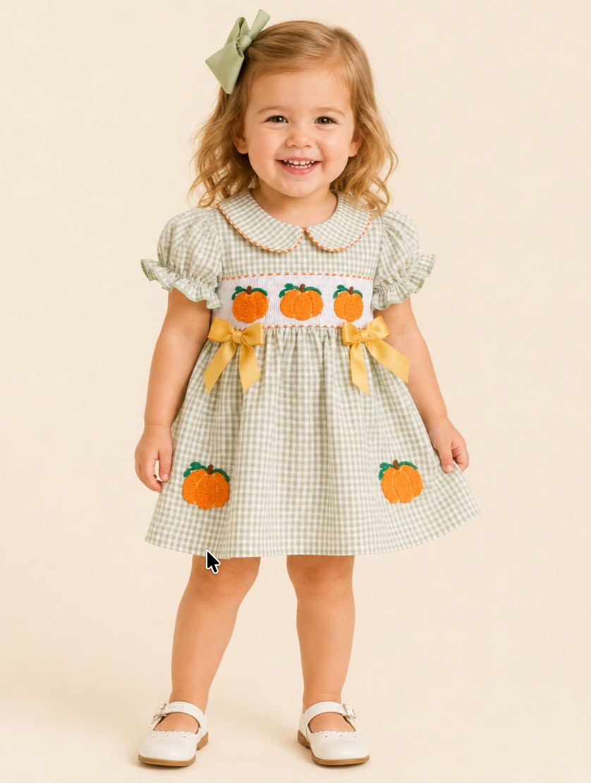 Green Gingham Yellow Bow French Knot Pumpkin Dress