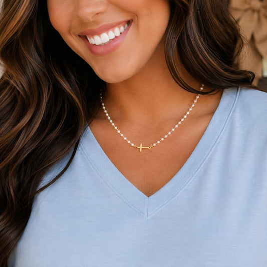 Dainty Pearl Cross Necklace
