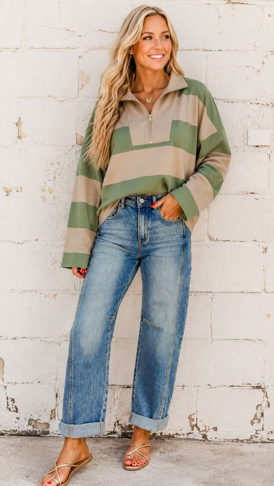 Stripe Colorblock Zipper Pullover Outfit