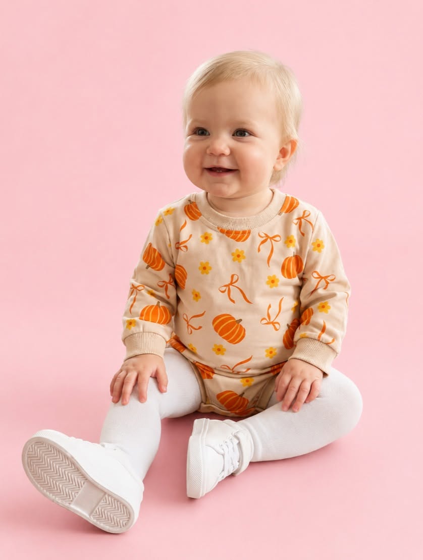 Beige Bow Pumpkin Yellow Daisy Romper