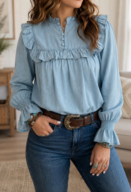 Blue Western Ruffle Blouse